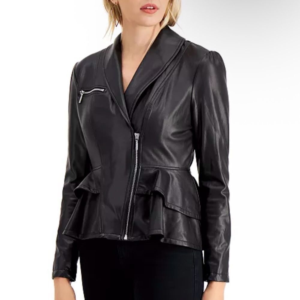 Guess Black Leather Moto Jacket with Asymmetrical Zipper